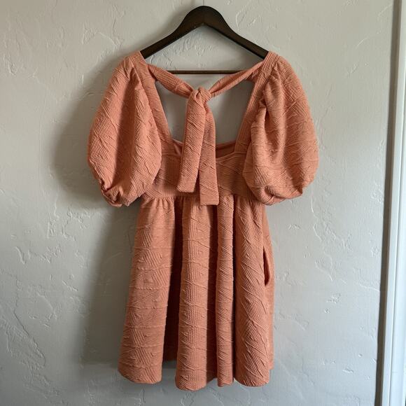 Free People Size XS Dress - Peach Puff Sleeves Babydoll Mini Tie Back Grapefruit - Picture 7 of 10